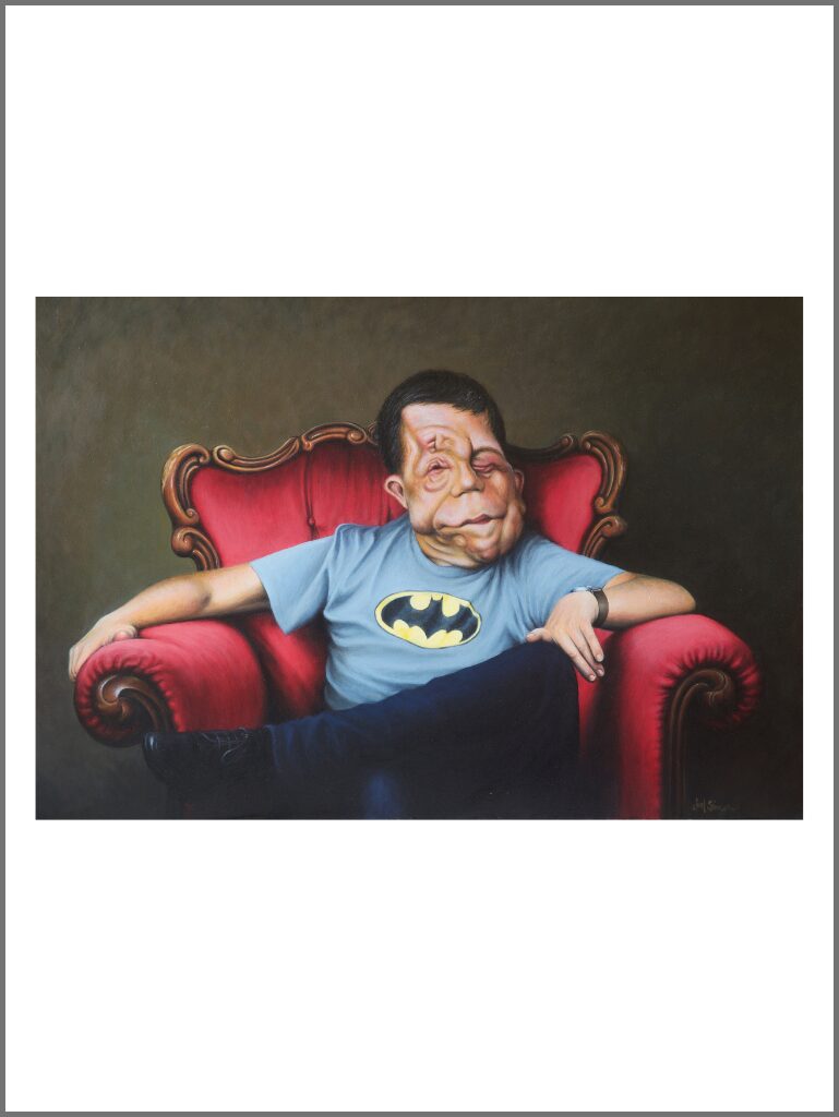 A medium sized oil painting portrait of the disability rights campaigner Adam Person, looking relaxed and placid in a large ornate red velvet armchair, sporting a Batman t-shirt.