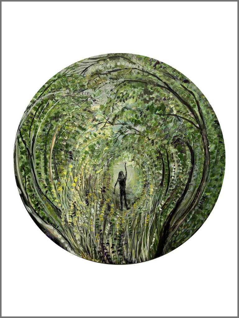 This is a circular painting on canvas, depicting a small human form reaching to touch the hanging branch of a tree. The figure is shown from behind. Long Hair and body shape suggest female but the figure is roughly drawn, more than a stick man, less resolved than a cartoon. Their legs look unsteady. You cannot tell the figure’s age but you might feel their vulnerability, and their quest for solace. The focal point echoes Michelangelo’s famous fingertip touch between God and Man. A moment of connection. This painting is 46 cm in diameter. The marks are loose and impressionistic. In places the paint has been applied thickly onto the canvas. The figure stands on a path which stretches ahead to a pale uncertain destination. To either side, above, and below, is a tangle of lush foliage. Trunks, branches, and a profusion of marks in an varied greens, golds and yellows encircle the figure. Some of the paint is iridescent, giving an idea of sunlight glancing between leaves. You can also find tiny splashes of purple which might be wildflowers or a reference to the colour associated with fibromyalgia, a condition from which the artist suffers.