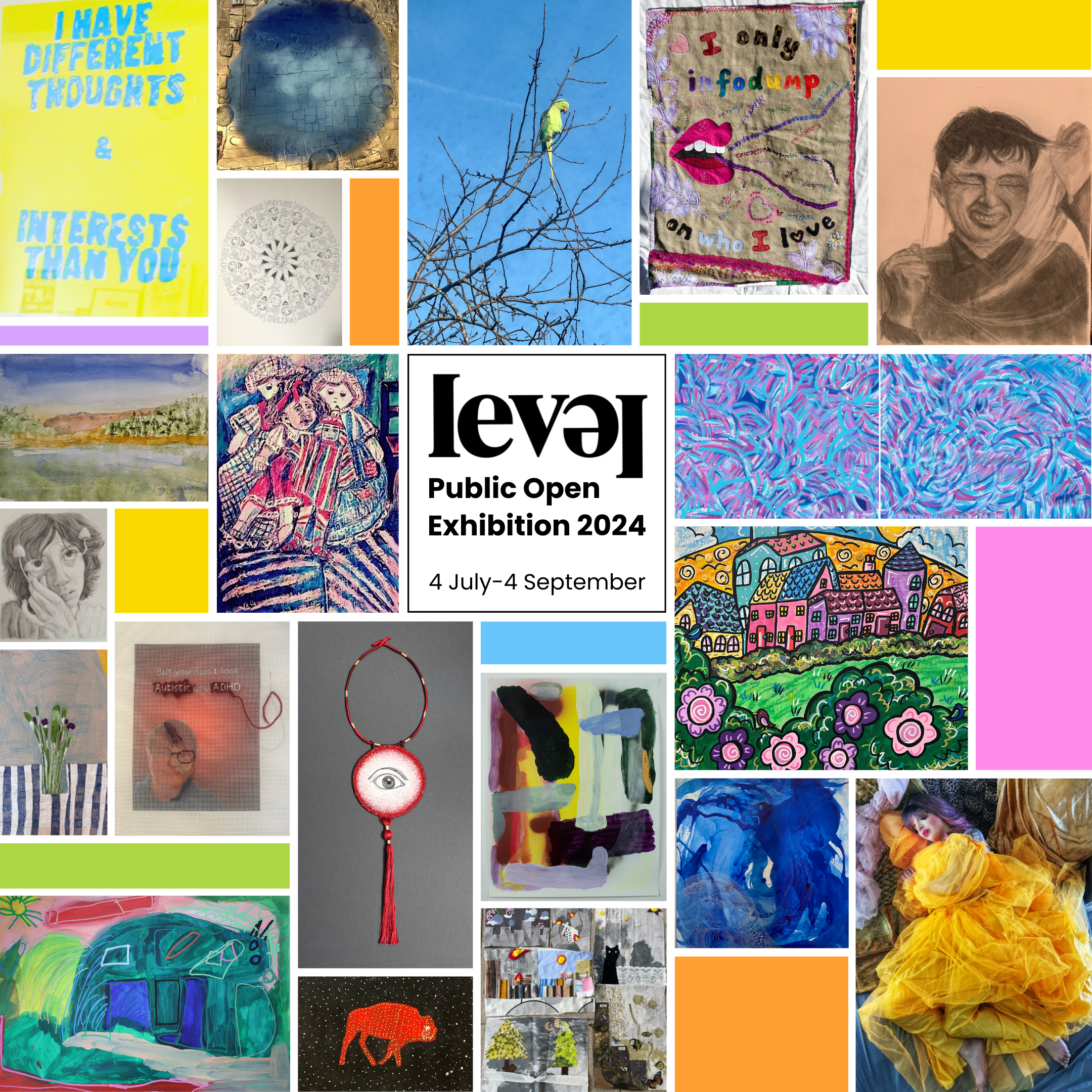 2024POEMontage (Instagram Post) (1) A colourful montage of pieces of contemporary visual artwork in many different styles. There are colourful blocks separating some of the pieces. In the centre, black text on a white square reads Level Public Open Exhibition 2024