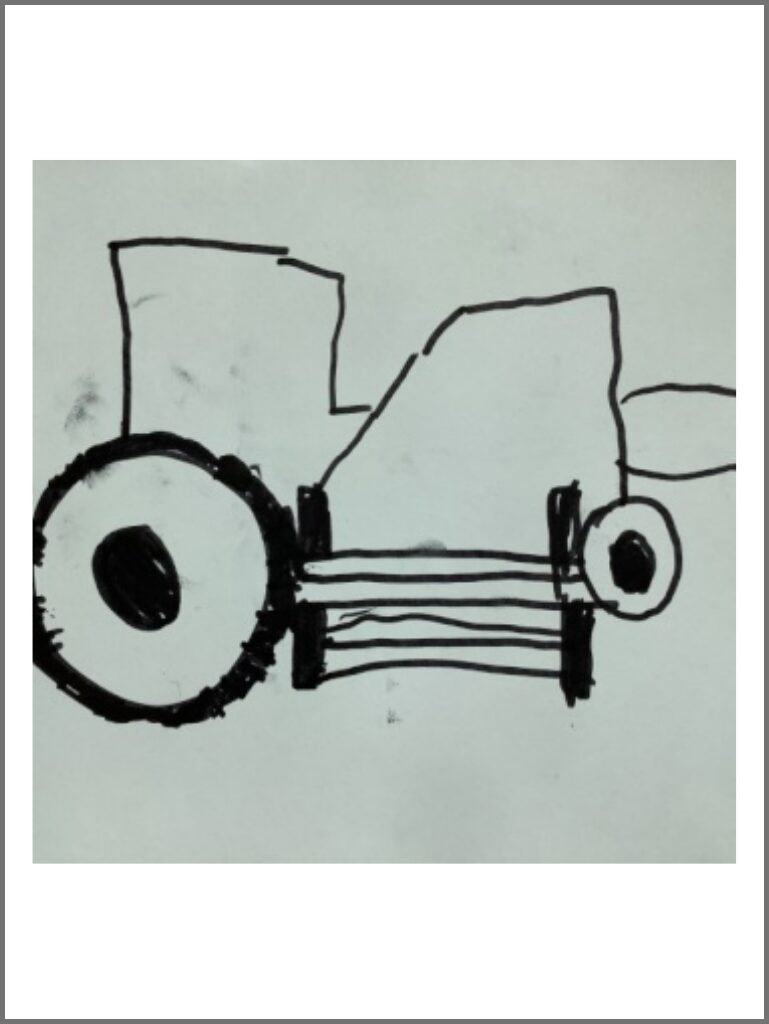 This is a bold black line drawing of a tractor, you can see the large wheel to the left and a small wheel to the right. The grill is really clear in the centre of the image.