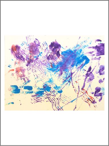 A pale background with an abstract pattern in blue, purple and red. There are handprints, splodges and wavy lines in the image. It is created using rollers to make repeat patterns, some with string wrapped around the tubes to create a wavy pattern when rolled.