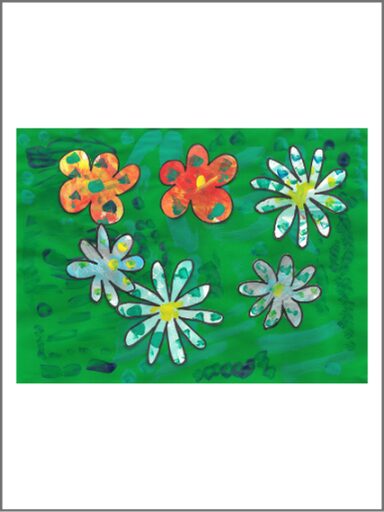 A piece of art inspired by Andy Warholl's flowers prints. A green background. The artist used a scraper to paint pre-prepared flowers and then attached these to the background using glue.