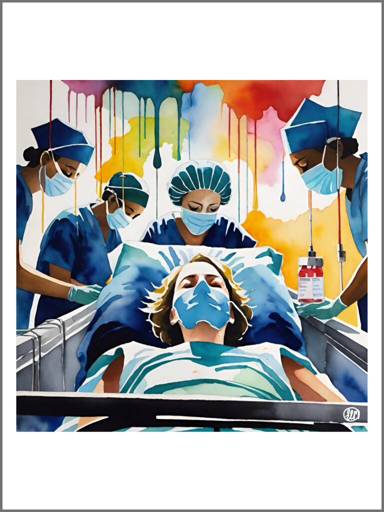 A painting showing a woman laid in a hospital bed with her eyes closed, she is asleep. She wears a light green hospital gown and has a blue mouth covering on her mouth. The bed has high sides to stop her falling out and she has a blue pillow behind her head. Around the bed are four nurses wearing blue scrubs and hats and wearing face coverings. They are looking at the woman and the bed and are clearly busy caring for her and monitoring her vital signs. Above the woman in bed there are bright splatters of colour that lead down to her. One becomes a medicine bottle at the bottom which is then connected to the woman.