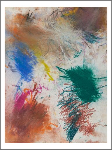 This image is built up from different colours in soft pastel, watercolour crayon and graphite on paper. The graphite is mainly contained in the top centre as a base layer, and is a series of frenzied marks lapping over one another in a dark charcoal grey. The watercolour crayon is bottom right in dark forest green and milk chocolate brown, in a series again overlapped and shaded together closely. A white crayon features as the top layer on the top right in a scribble type look, but done quickly. The soft pastel is in patches across the rest of the image, and the paper can be seen regularly across the work. Bottom left is a chocolate brown, burnt orange and deep pink, purple pastel layered in strokes, mid blue on mid left and softer brown above this. Top right is dark brown, mustard yellow and forest green layered.