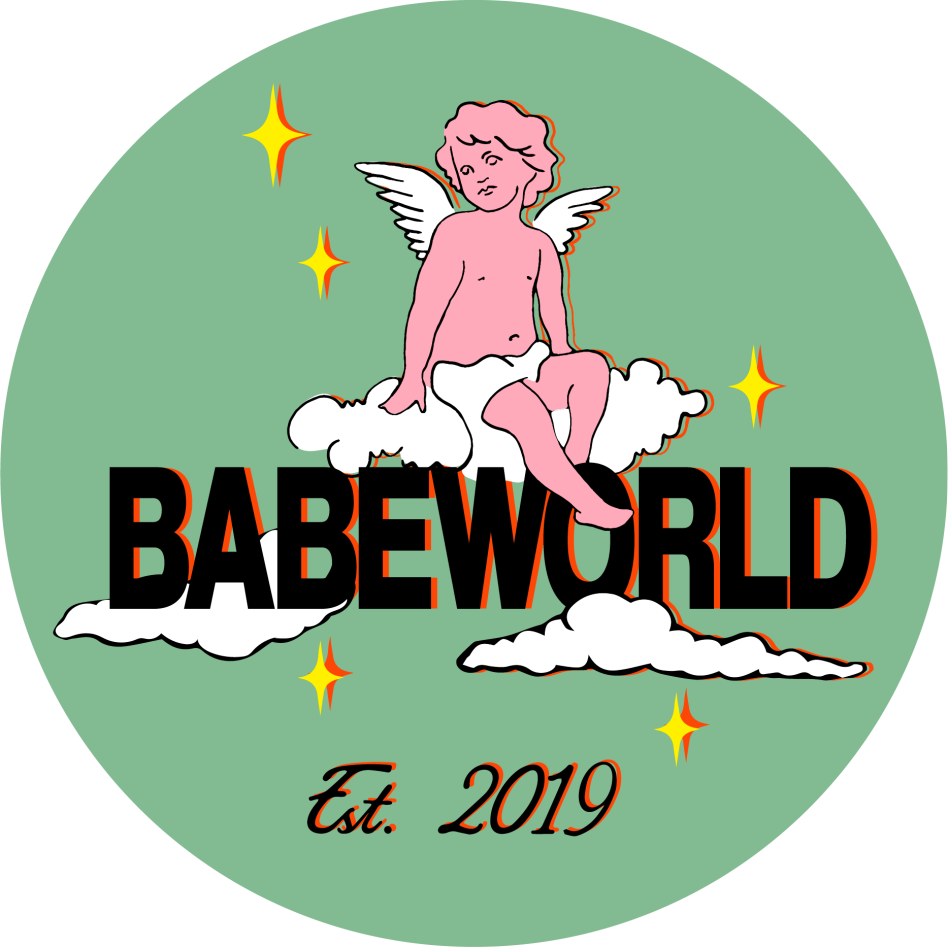 Babeworld logo. A green circle with black text. A pink cherub sits on a white cloud above the text