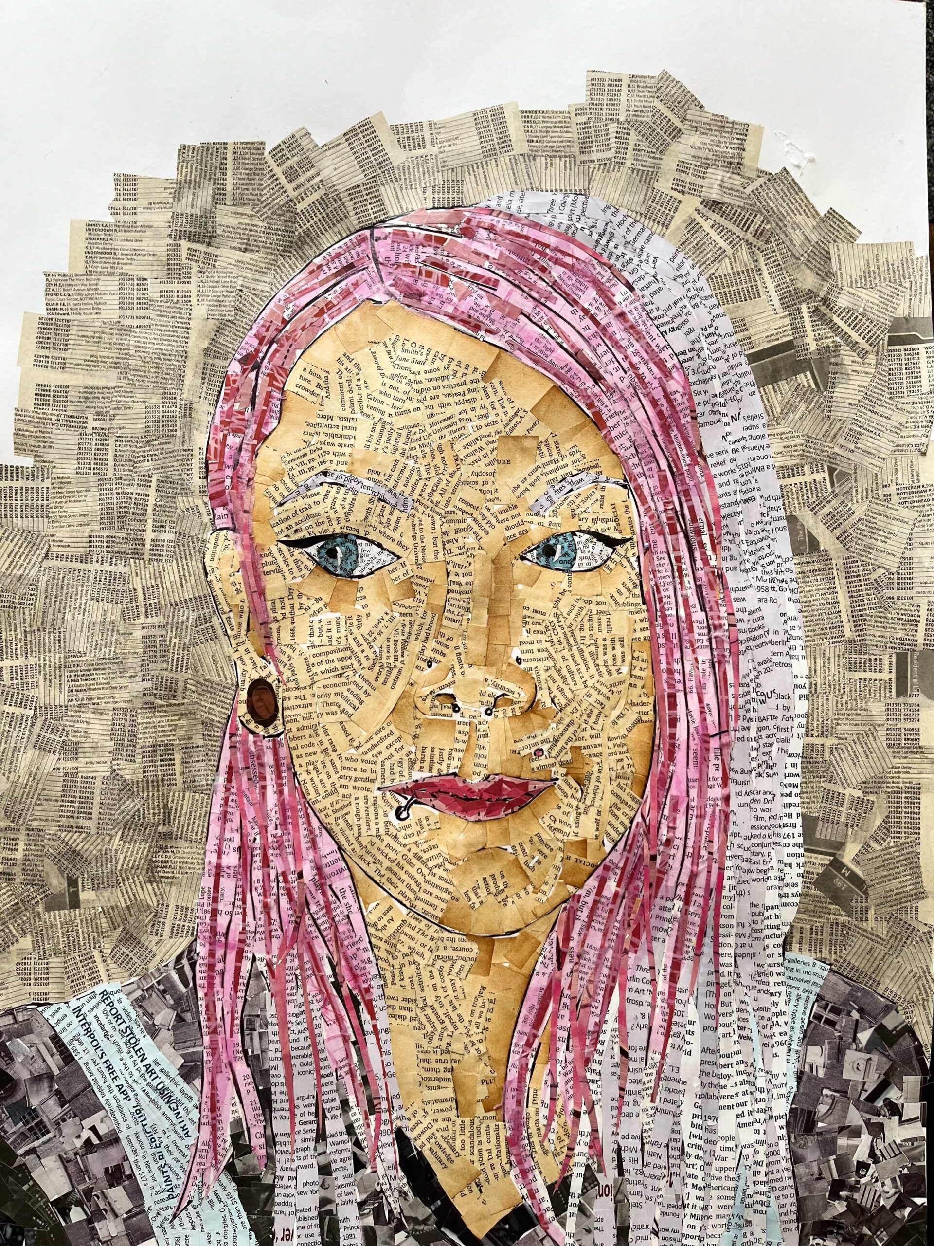 Self portrait collage using newspaper, tissue and paint