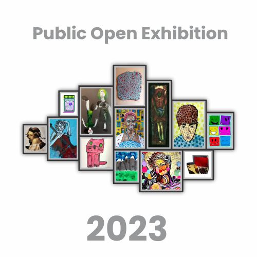 Hidden disabilities Visual Art Exhibition event 13 framed pieces of art on a wall surrounded with the text "Public Open Exhibition 2023" in grey.