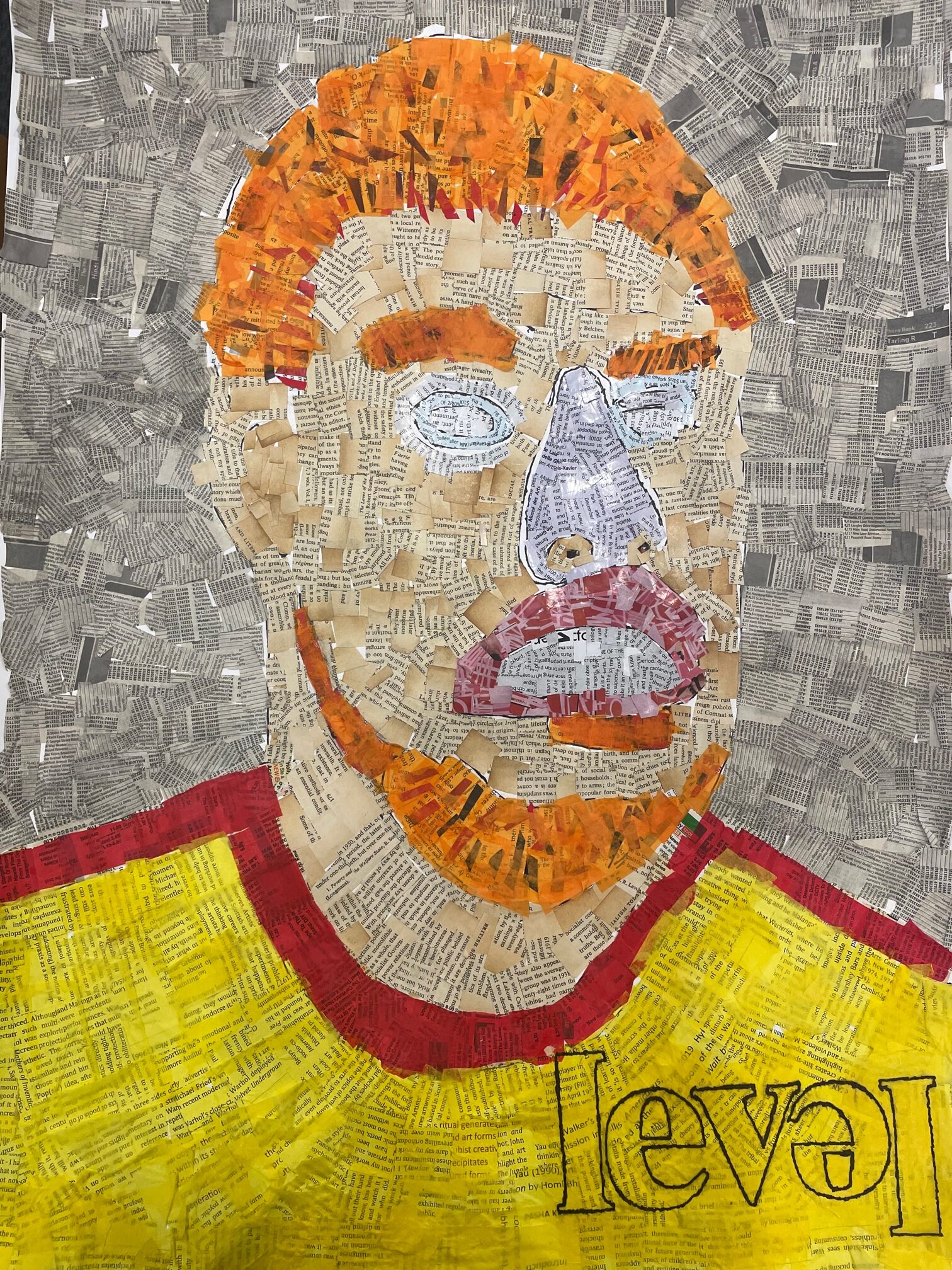 Collage self portrait using newsprint and tissue paper