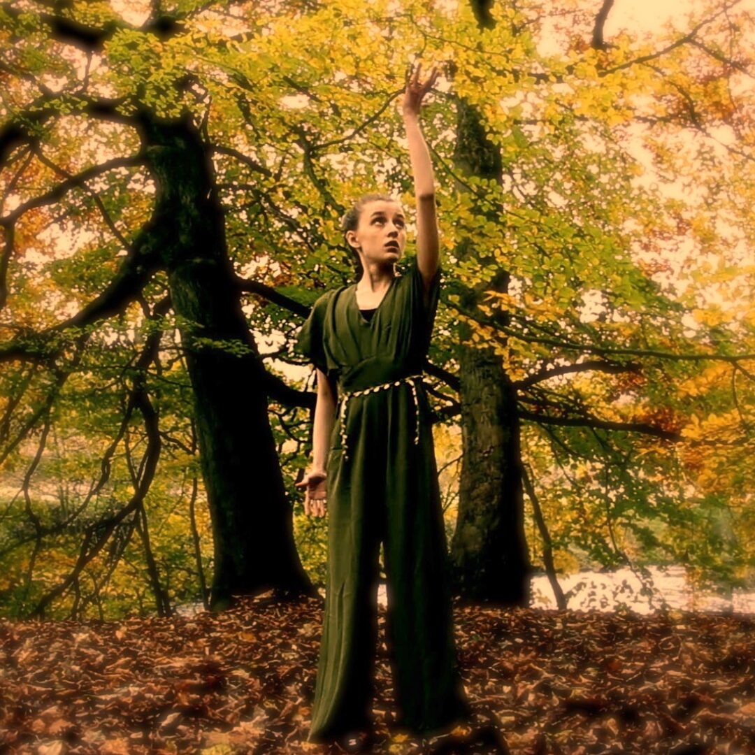 Journeys A person in a flowing dark green outfit stands in an autumn forest, one arm raised toward the yellow leaves. In the background are two large trees, with warm orange and golden foliage around them.