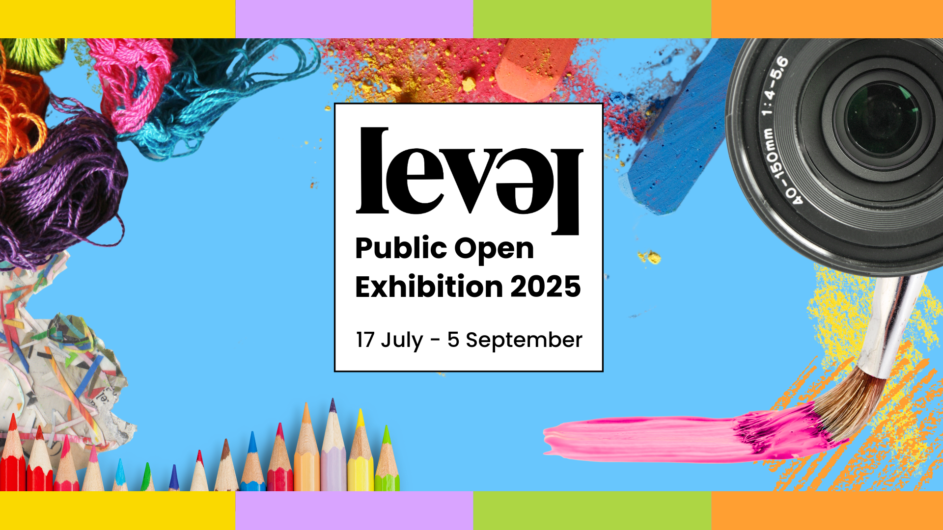 Public Open Exhibition logo with brightly coloured images of artistic equipment and  materials around the edge.