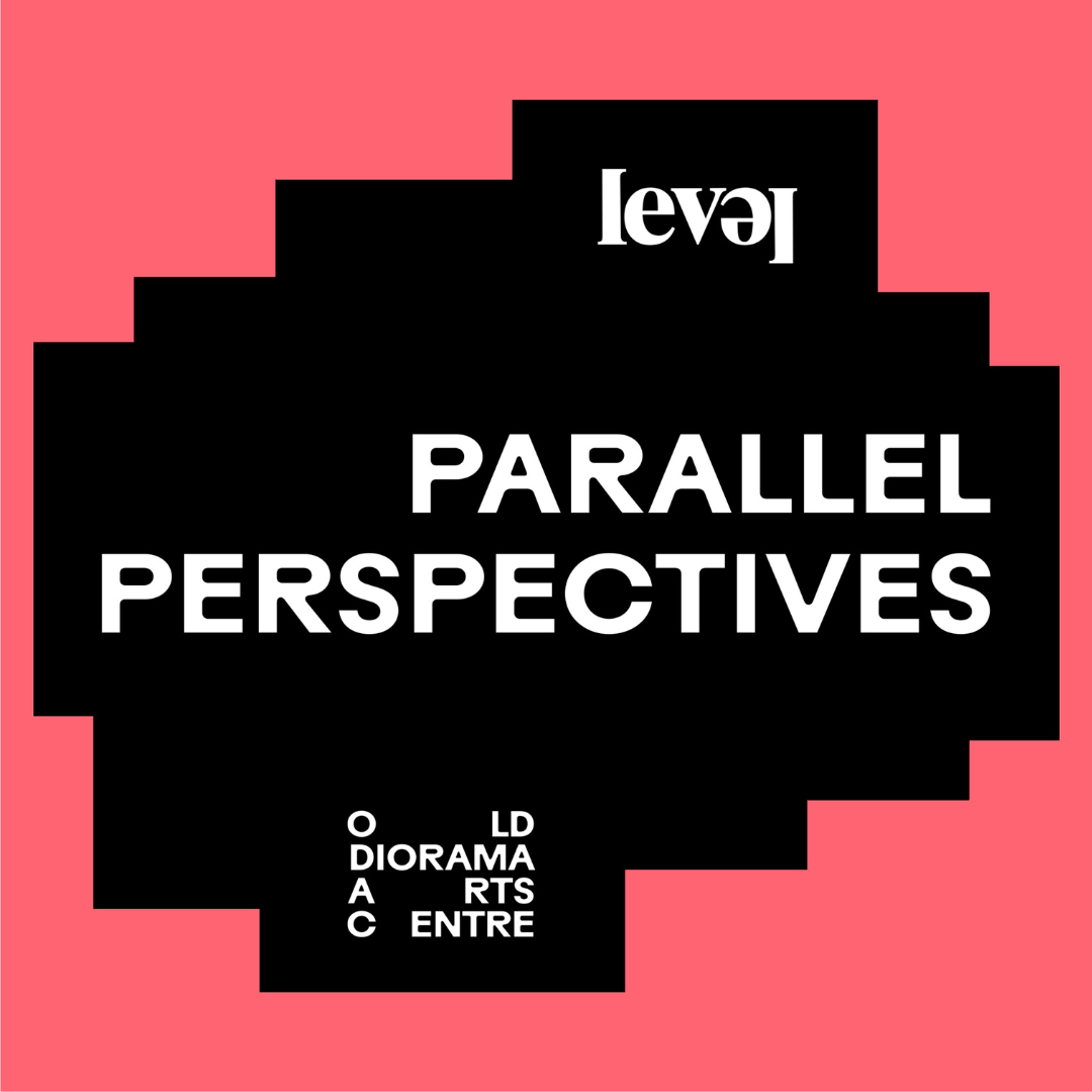 A graphic image with white text on a red and black background which reads "Parallel Perspectives Old Diorama Arts Centre"