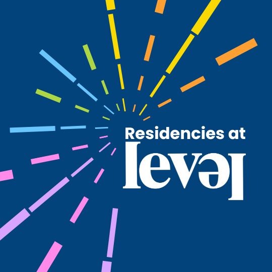Branding for Residencies at Level Centre. White text reads Residencies at Level, incorporating the Level logo. Around this a design which looks like spreading sparks explodes outwards. The sparks are brightly multicoloured. Everything sits on a blue background.