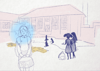 A screenshot of an animation of blue drawings on a white background. a school playground is visible in the background with pairs of children talking and playing. In the foreground a lone child stands with an unhappy expression holding their school bag.