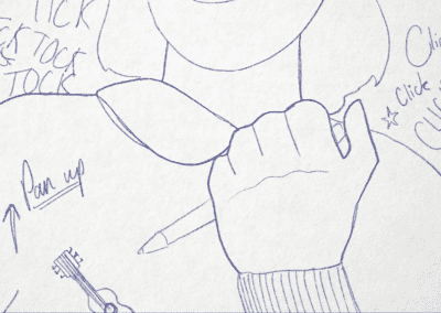 A screenshot of an animation of blue drawings on a white background. A close up of a persons hand holding a pen, handwritten text is visible in the background which reads " tick tock tick tock click click click".