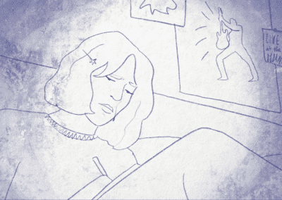 A screenshot of an animation of blue drawings on a white background. A person seated on their bed surrounded by posters on their walls is writing in a book, they are looking downward with a sad expression and a tear rolling down their face.
