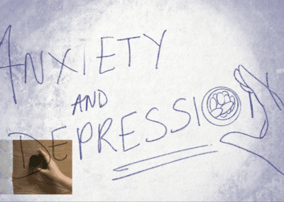 A screenshot of an animation of blue drawings on a white background. An open hand reaches over to grasp a small dish of olives, the dish is set amongst text which reads "Anxiety and Depression" in large text. In the lower corner is a screenshot of a video mimicking the hand position in the animation.