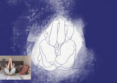 A screenshot of an animation of blue drawings on a white background, a person is sat cross legged with their head cradled by their arms and their forearms shielding their face from view. a small screenshot is visible in the lower corner of a person seated on a bed mimicking the pose of the animation.