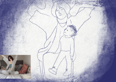 A screenshot of an animation of blue drawings on a white background, a person sits on a chair holding a child with their eyes closed and their arms raised. the child sits smiling into the distance. In the lower corner is a screenshot of a person seated crossed legged on a bed with their arms raised mimicking the pose of the animation.