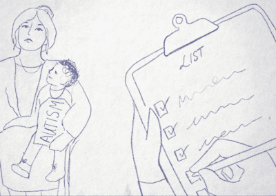 A screenshot of an animation of blue drawings on a white background, a person sits on a chair holding a child with a tag around their neck which reads "autism". In the foreground a clip board with a list is being filled out but the text is not legible.