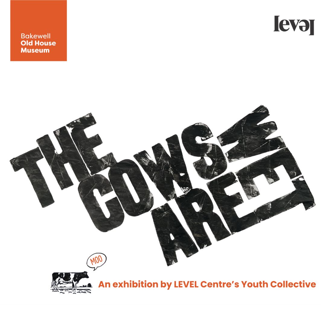 Untitled design Logo for The Cows Are Wet exhibition. Block printed black lettering on a white background with an image of a cow saying moo.
