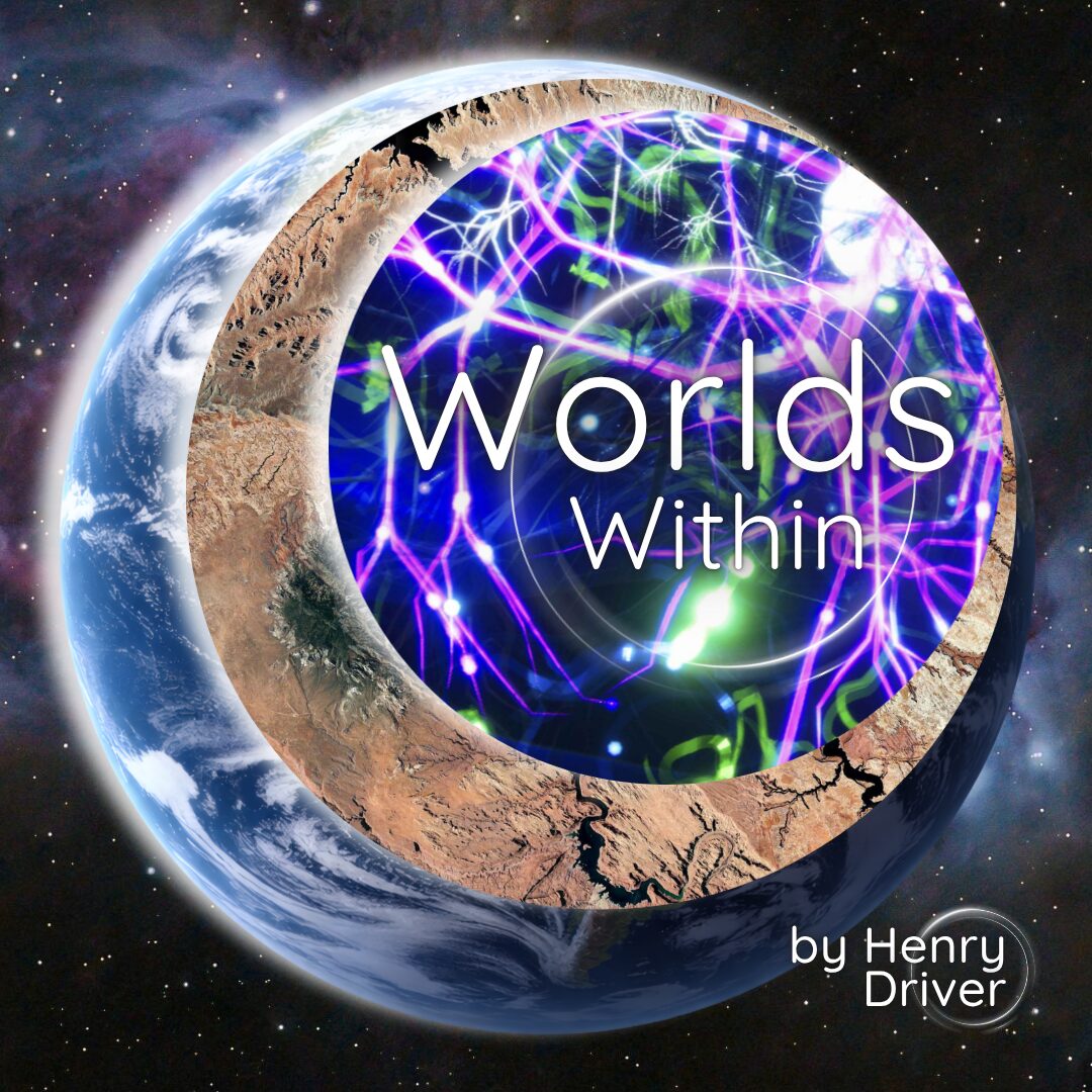 WW_Branding Branding for the Worlds Within exhibition by Henry Driver. The background is outer space with some purple and blue swirling nebula. Overlaid are three circles which get gradually smaller - the Earth, a zoomed out view of brown earth and riverbeds and a purple and green microscopic image. The Worlds Within text in white sits on top.