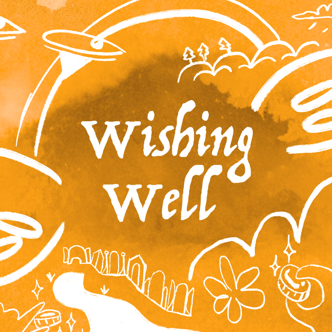 Wishing Well logo Logo for Wishing Well. Featuring folk style writing and line drawings in white. In the background is a painterly style cloud scene in oranges.